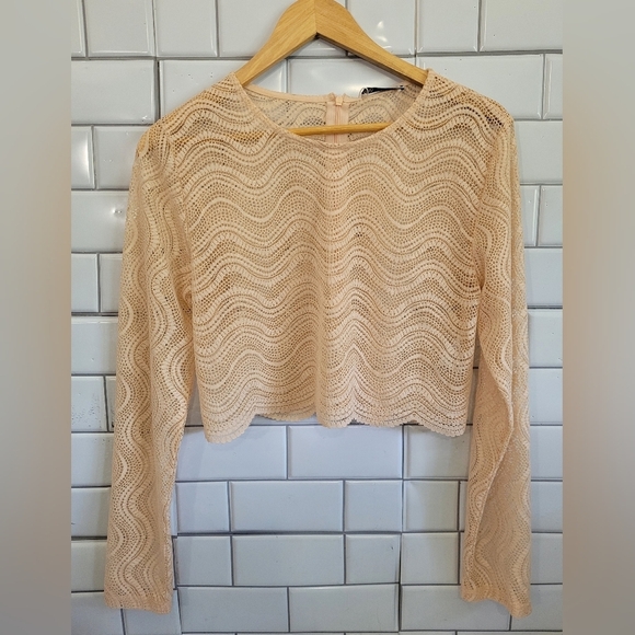 NWT ZARA Ladies Long Sleeve Lightweight Lace Cropped Blouse Crew Neck Scalloped - Picture 1 of 8
